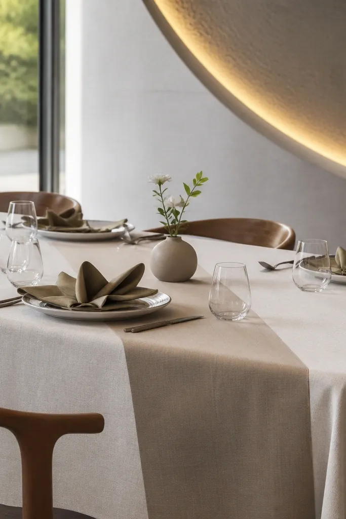 Two-tone napkins folded on a round table with a simple centerpiece