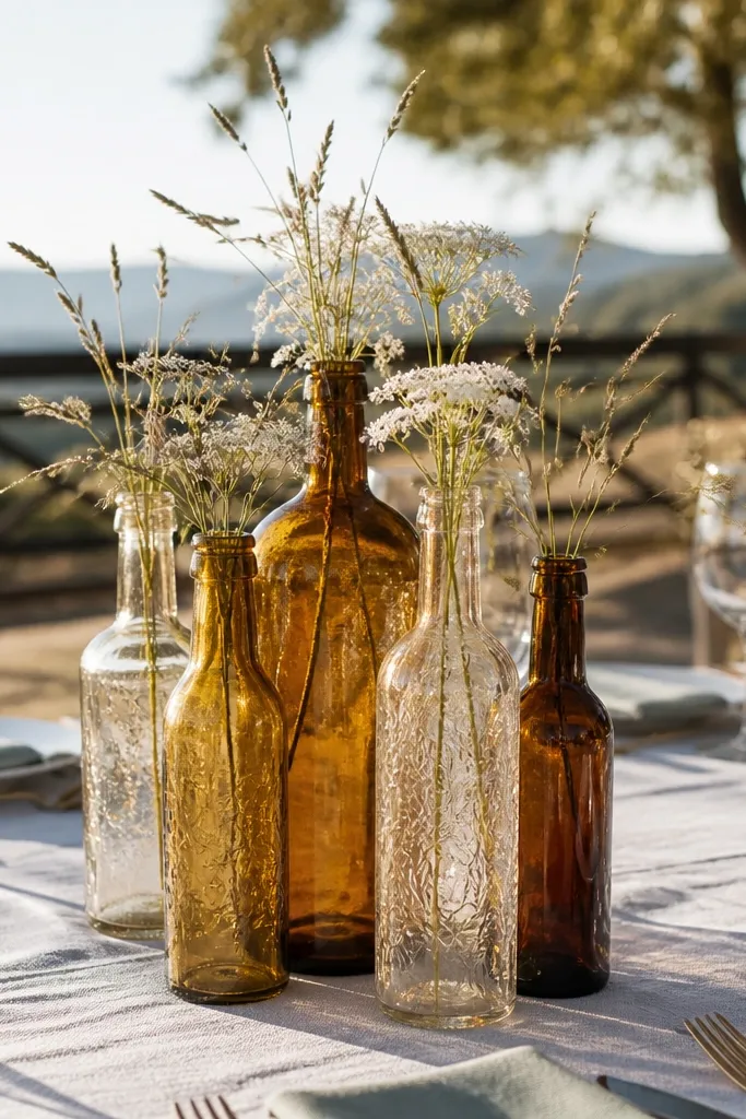 Group of vintage bottles with greenery stems on a round table