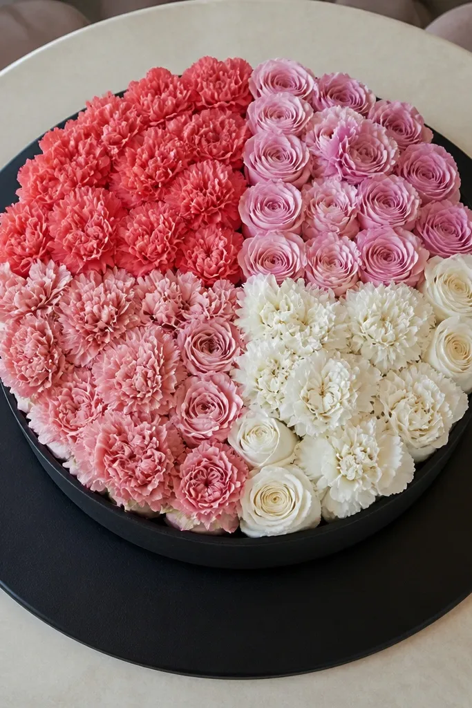Short floral blocks arranged in a grid on a round table