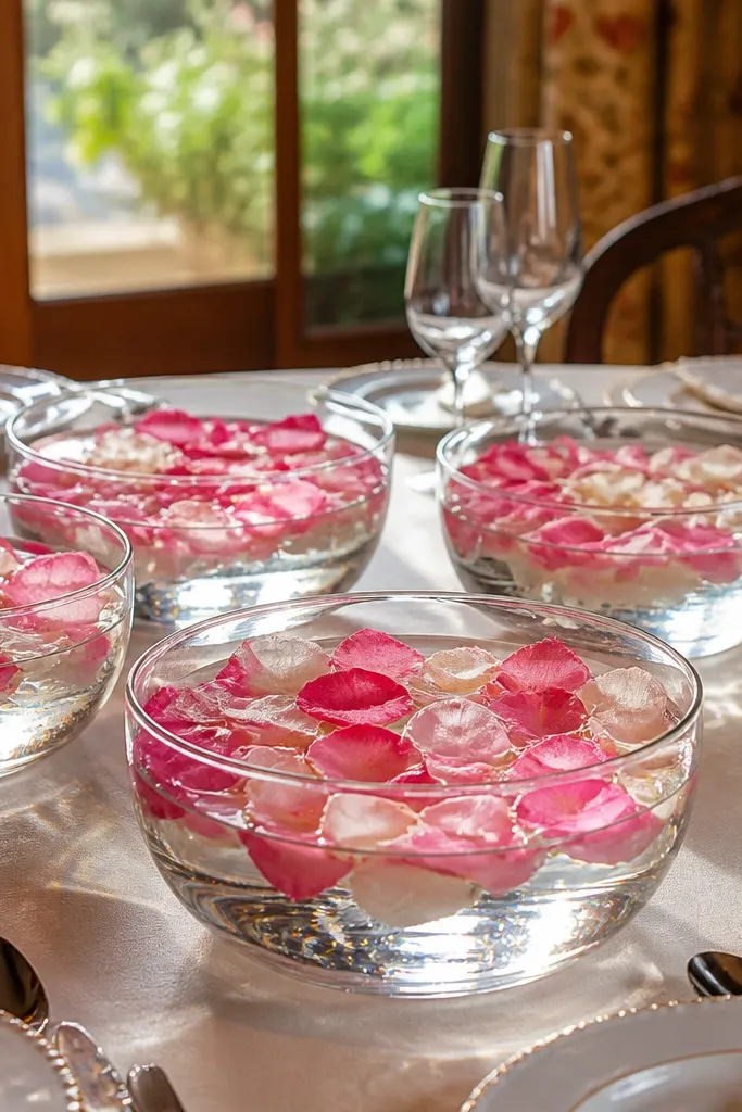 Shallow bowls with water and flower petals on a round table