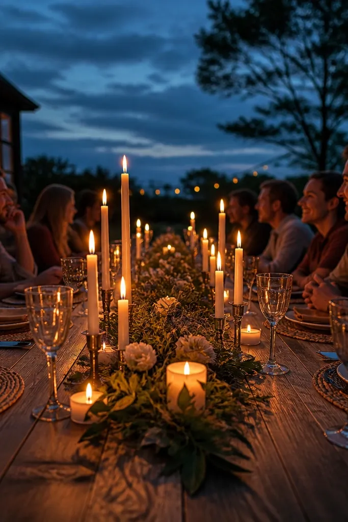 Tall tapers on a low runner across a round table center