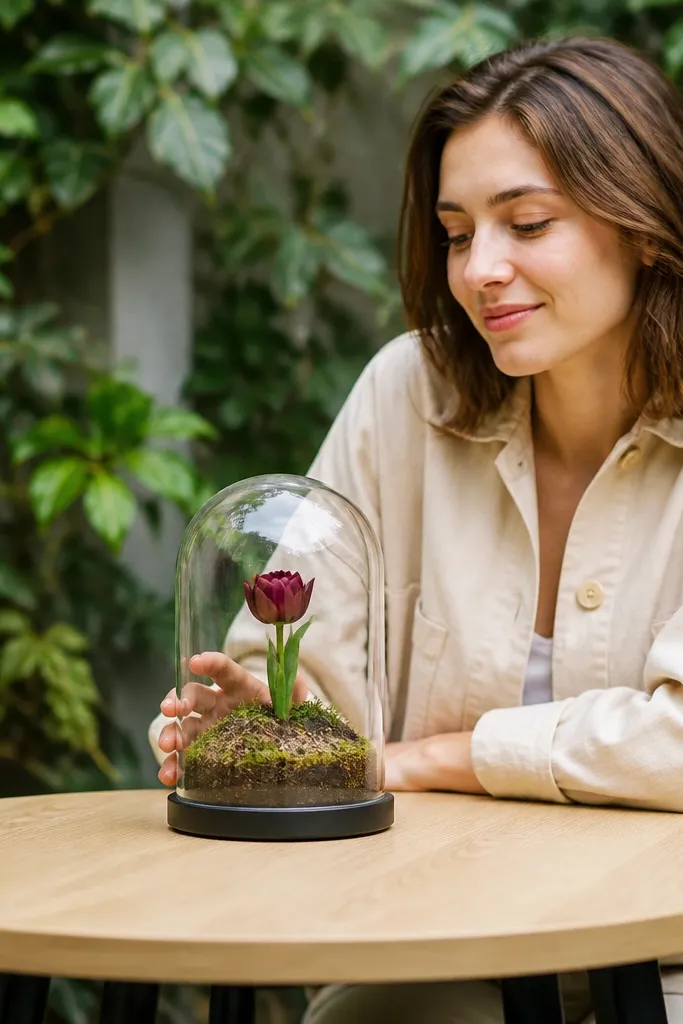 Small terrarium-style center with moss and one flower
