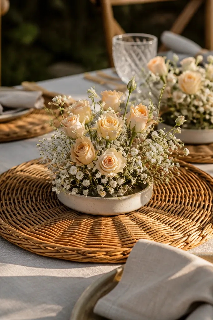 Wicker charger with small flowers placed at center of a round table
