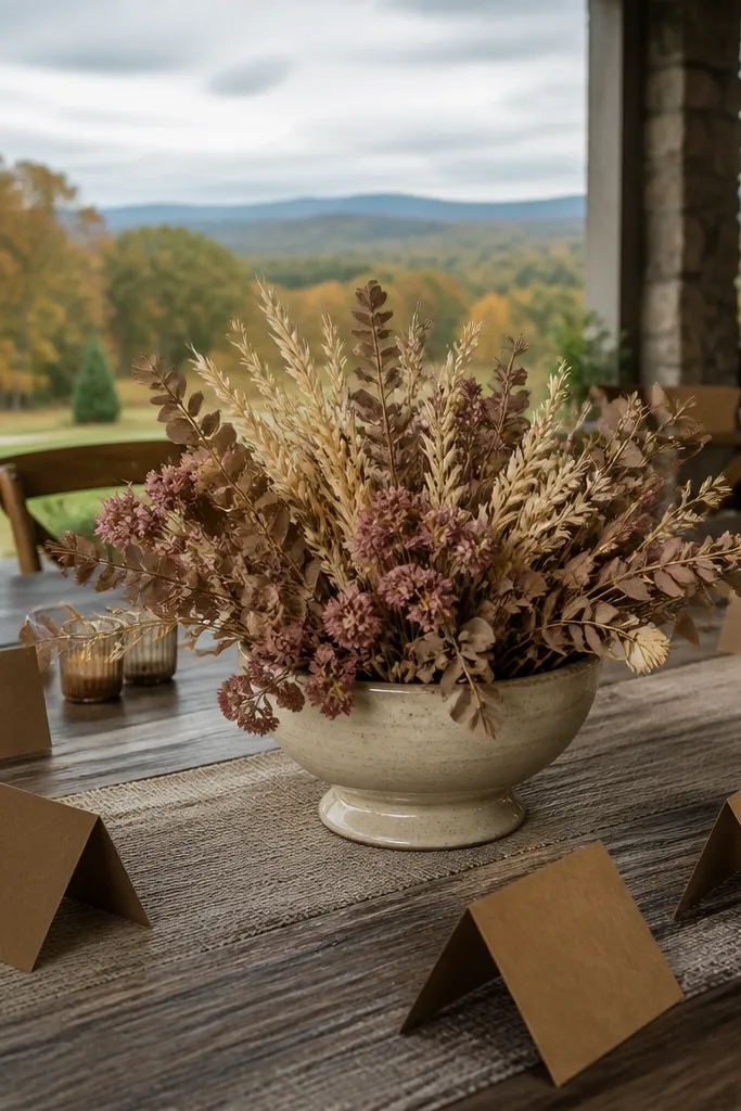 Low pedestal bowl with dried flowers and greenery