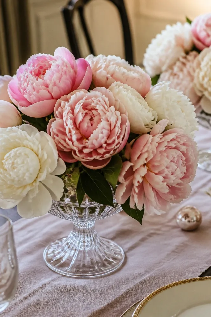 Low compote bowls with large silk-looking blooms