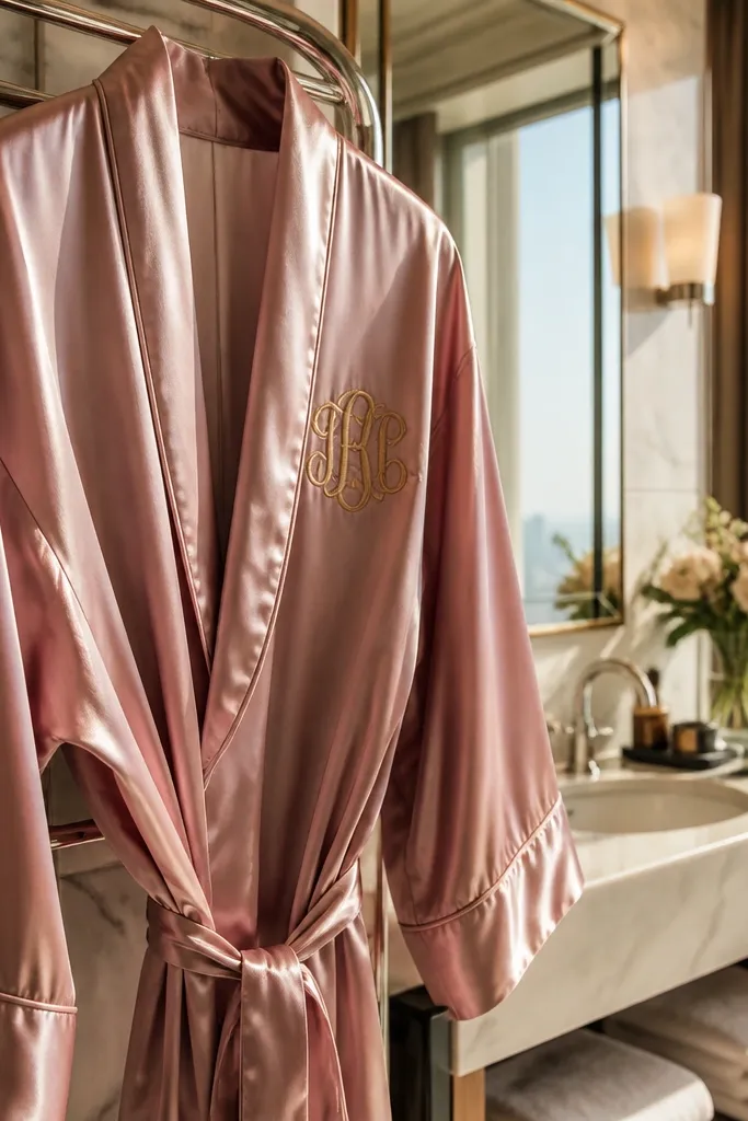 Ivory silk robe with a small gold monogram on the chest