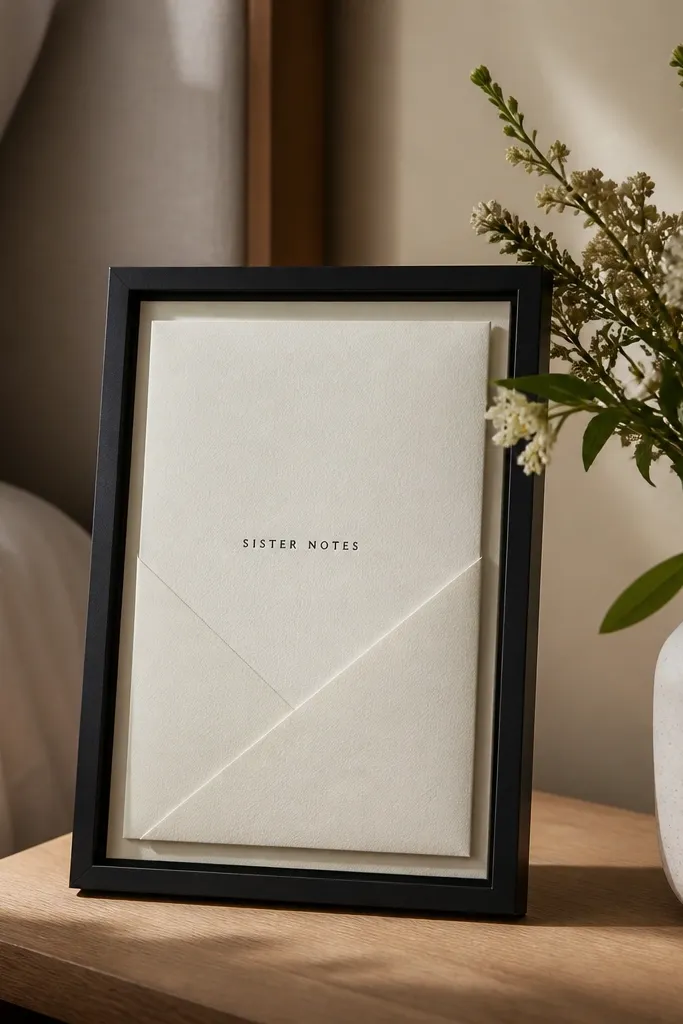 Cream stationery letters in a white frame with neat handwriting-style text