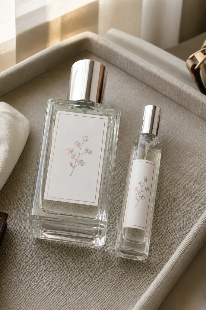 Small glass perfume bottle with a matching travel spray and satin ribbon