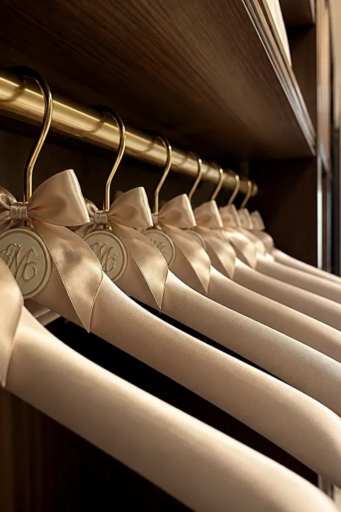 Satin hangers in blush with a matching ribbon bow and small monogram tag