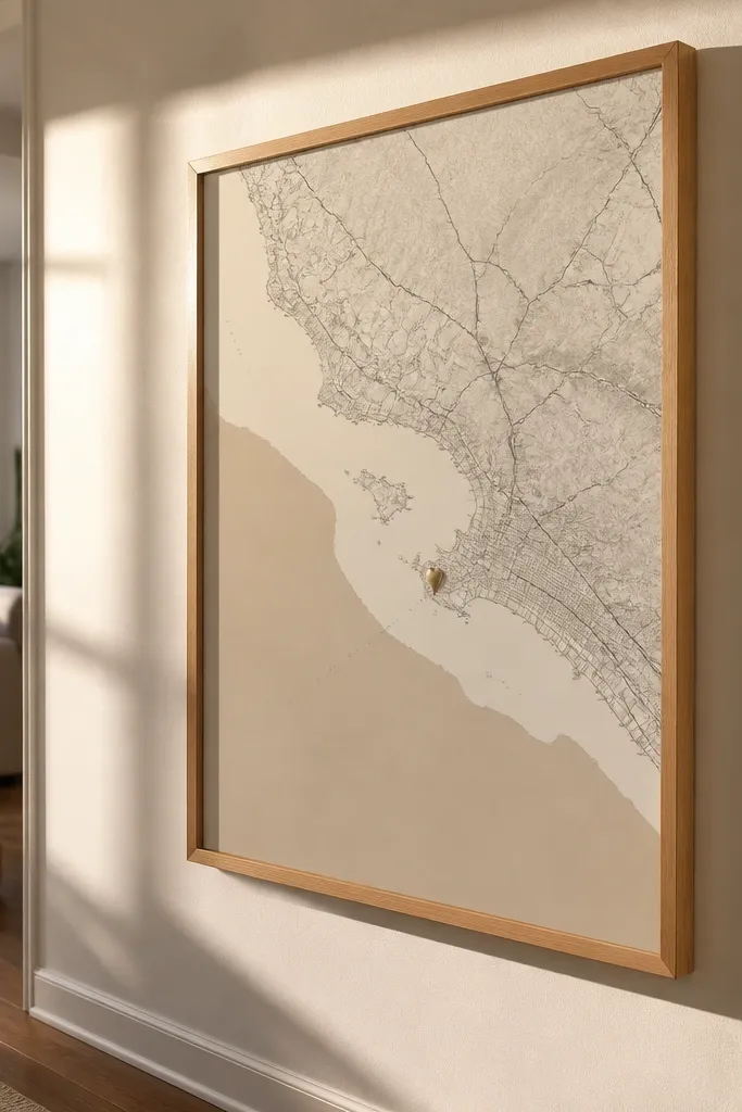 Framed minimalist map print with a gold pin marking the destination and date