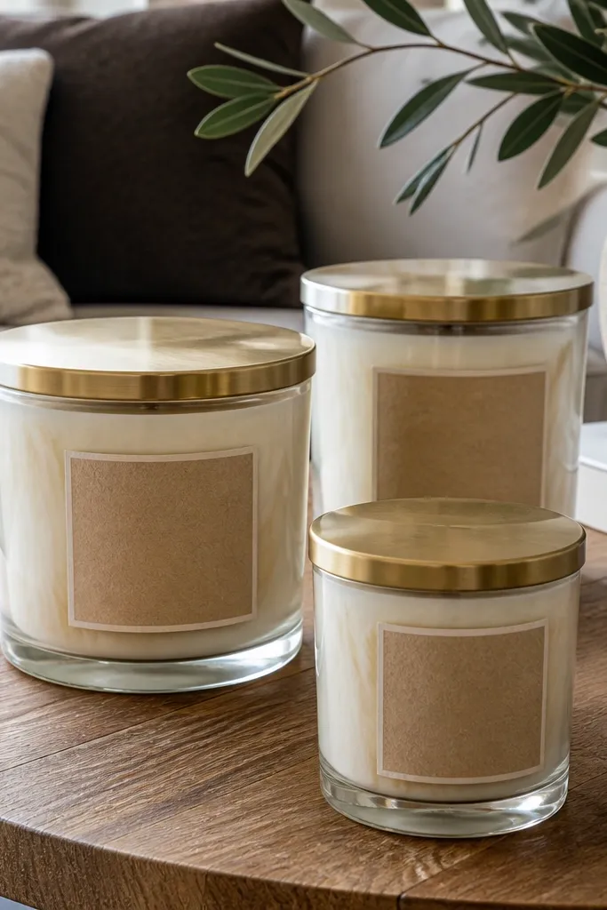Three matching candles in glass jars with neutral labels and soft wax color