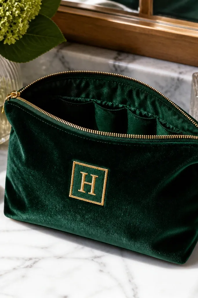 Deep green velvet makeup pouch with a gold monogram and zipper pull