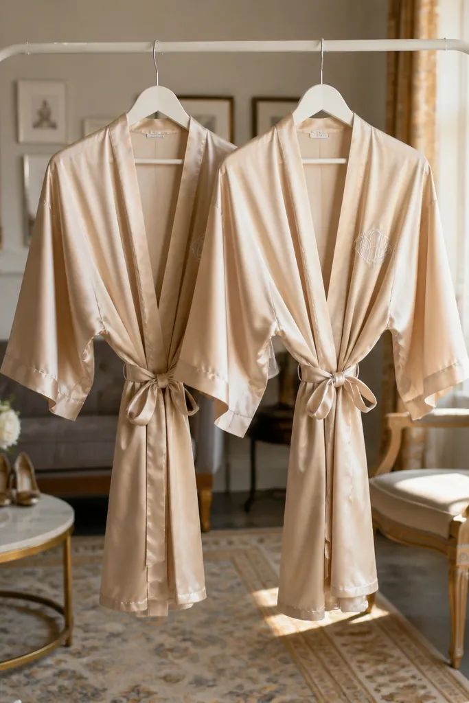 Two matching robes in soft blush with small monograms and satin belts