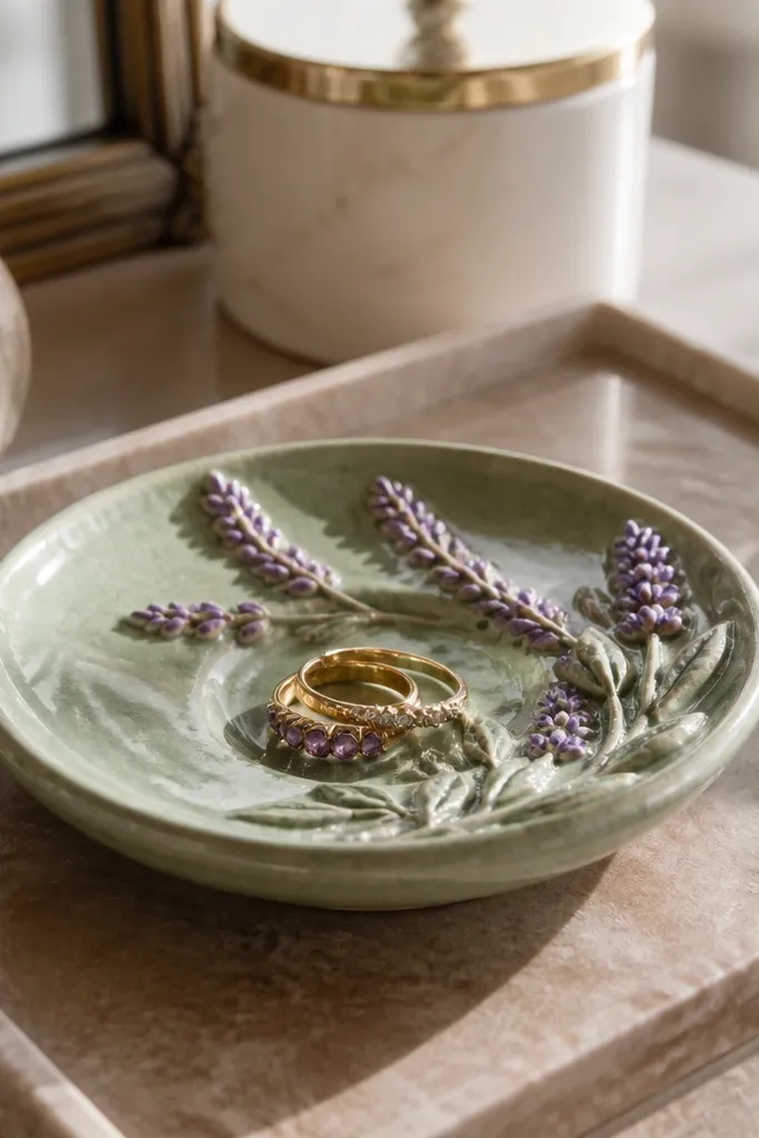 Hand-painted ceramic ring dish with a small flower motif in soft pastel colors