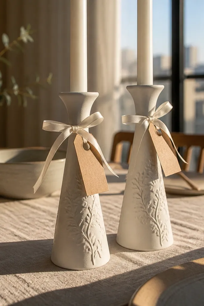 Two ceramic candleholders with pale floral embossing and a small satin ribbon tag
