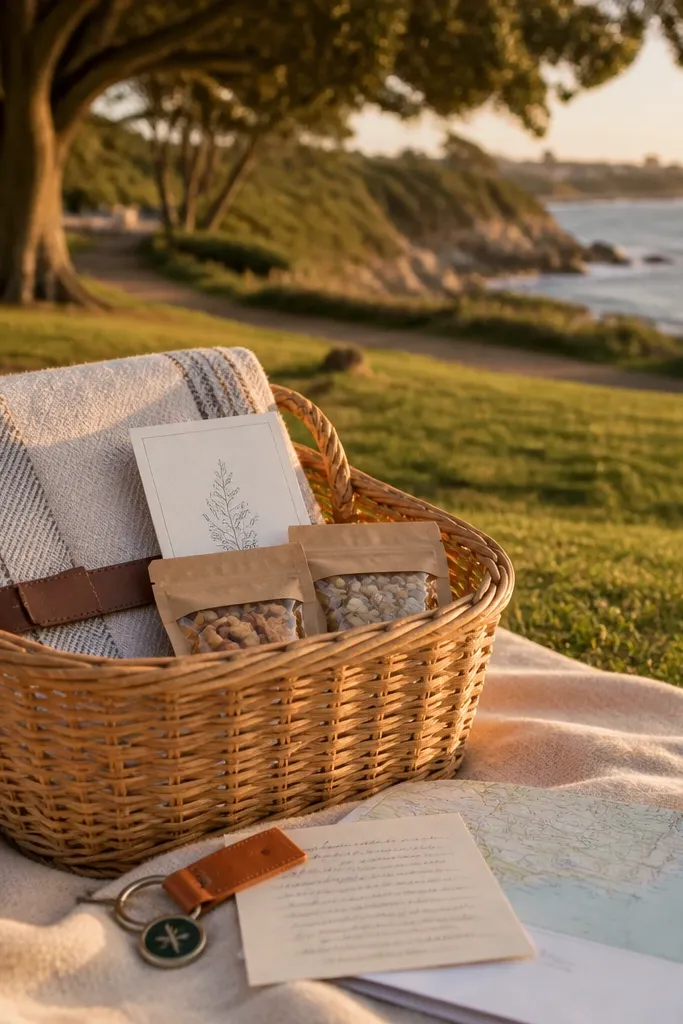 Woven picnic basket with a cream blanket and a small bouquet on top