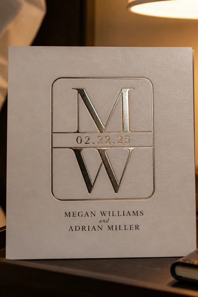 Gold monogram inside a rounded square with a dark date band and white text