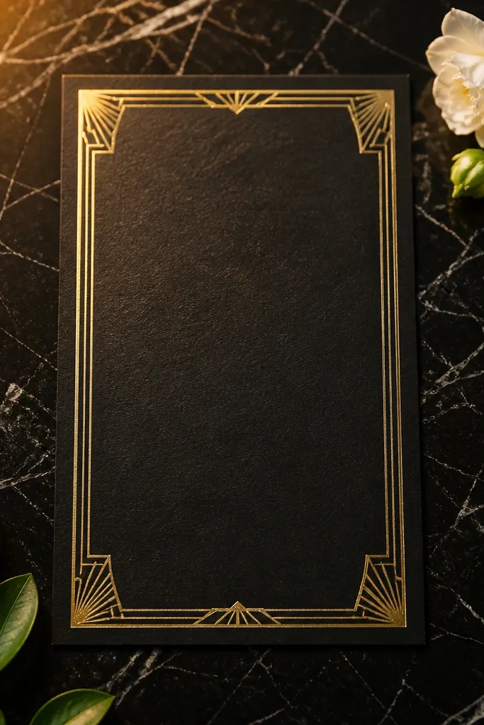 Black art deco border with centered names in gold