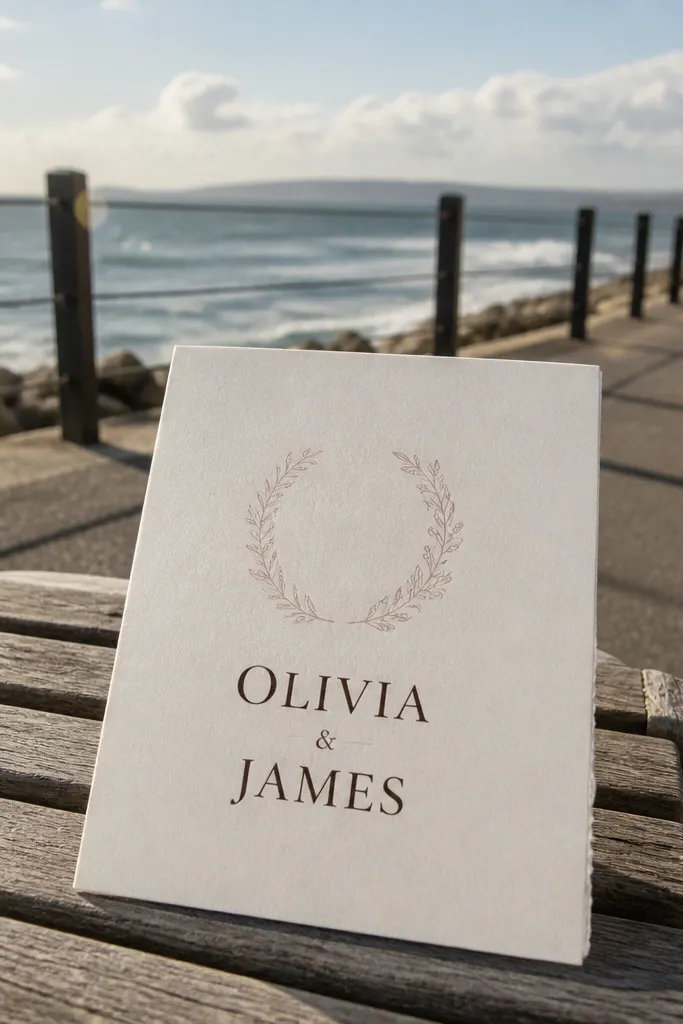 Thin line wreath above centered couple names with soft blush accents