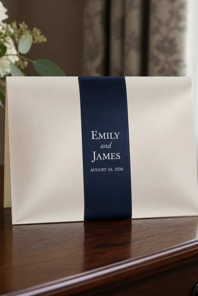 Cream card with a centered vertical ribbon band and black names