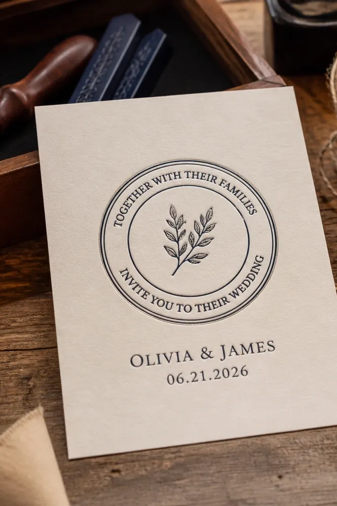 Round seal stamp with curved text and straight couple names beneath