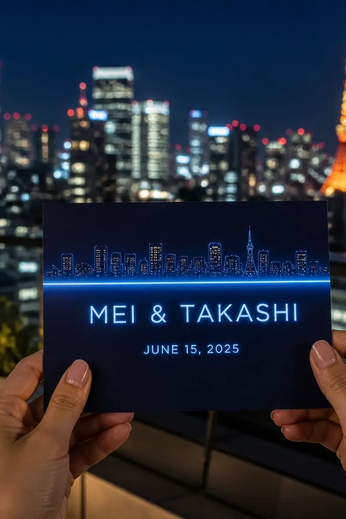 Night skyline strip with a neon-style band holding names and date