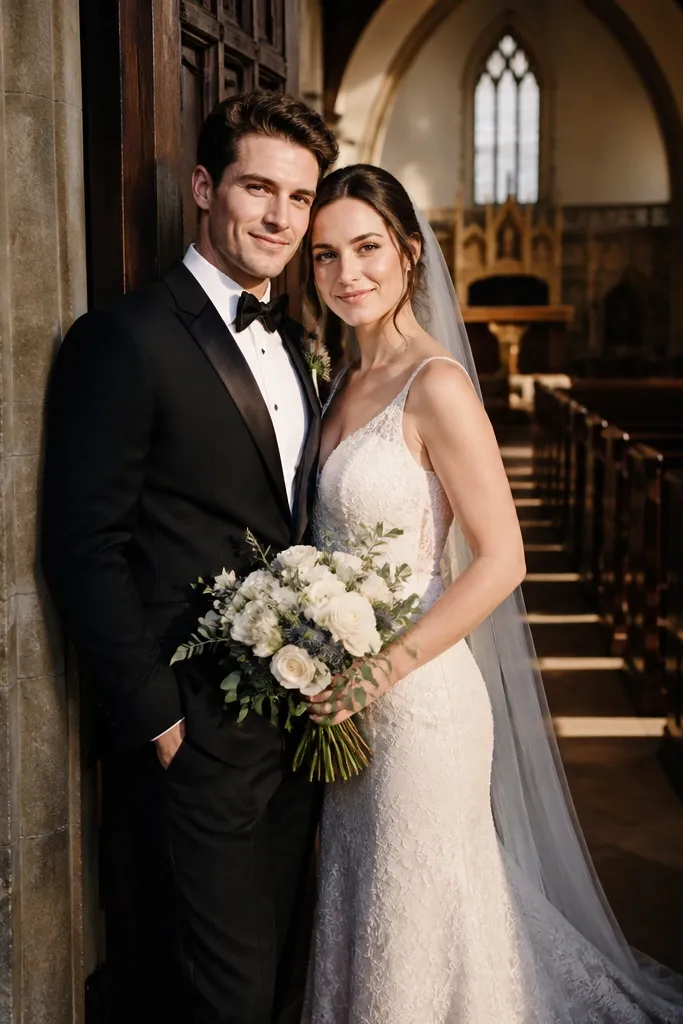 Couple leans in a doorway frame with angled shoulders and hands on the bouquet