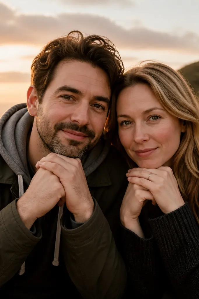 Partner gently holds the other's chin with hands near the face in warm light