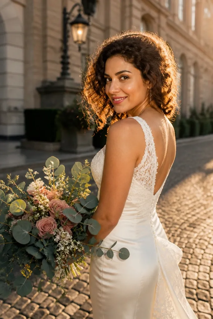 Bride holds bouquet over shoulder while both twist slightly and smile softly