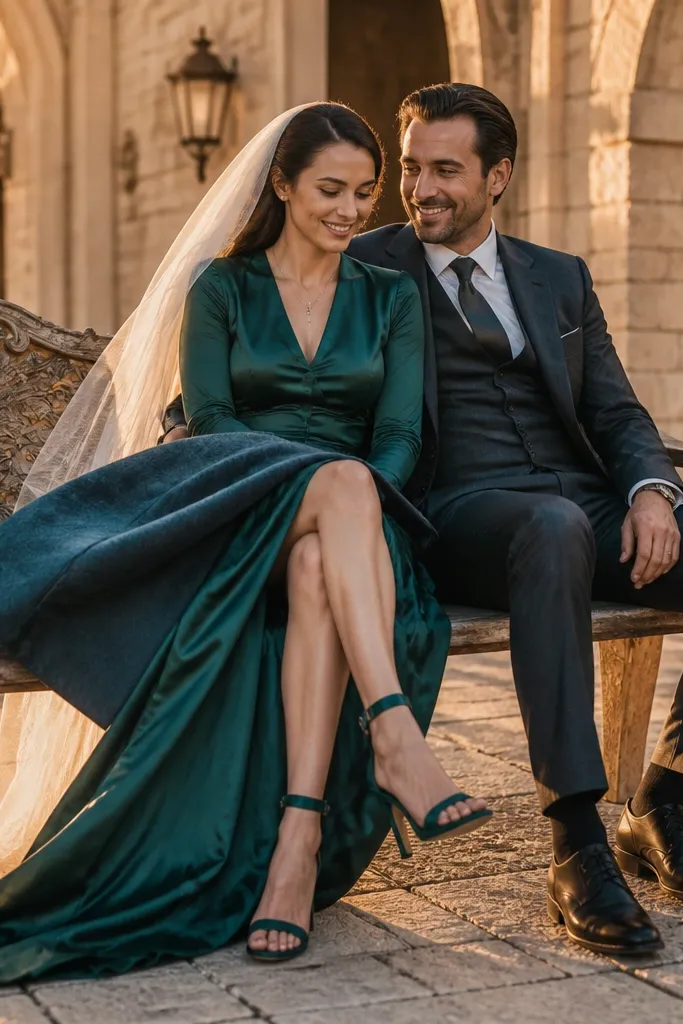 Couple sits on a bench with one leg crossed and coat draped across their laps