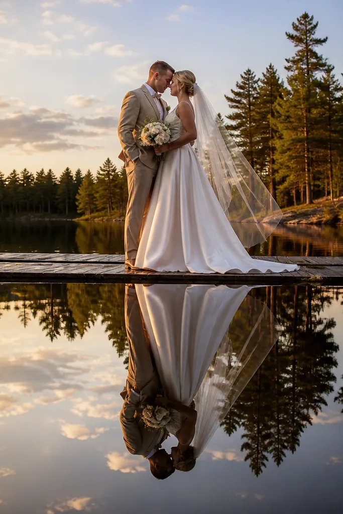 Couple leans for a gentle kiss with calm lake reflections behind