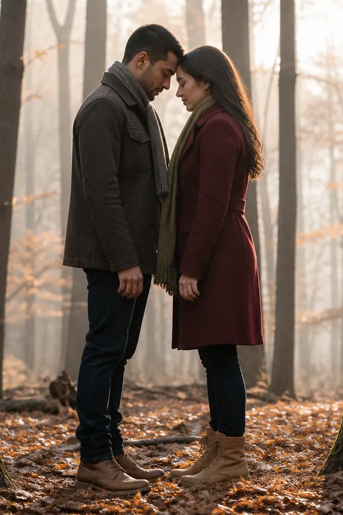 Couple stands back-to-back near a tree trunk with foreheads touching