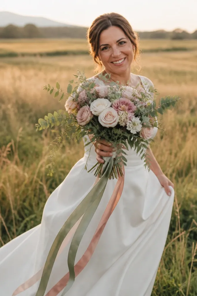 Couple stands in a field with wind in dresses and bouquet tip angled toward camera