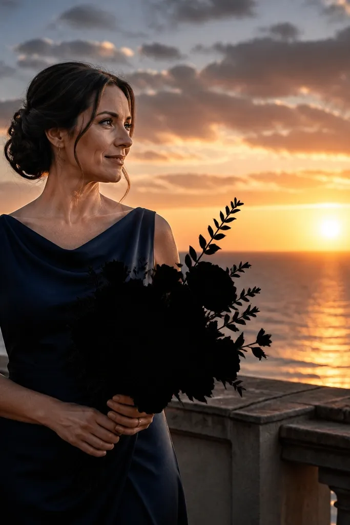 Couple stands in sunset silhouette with bouquet held as a clear cut-out shape
