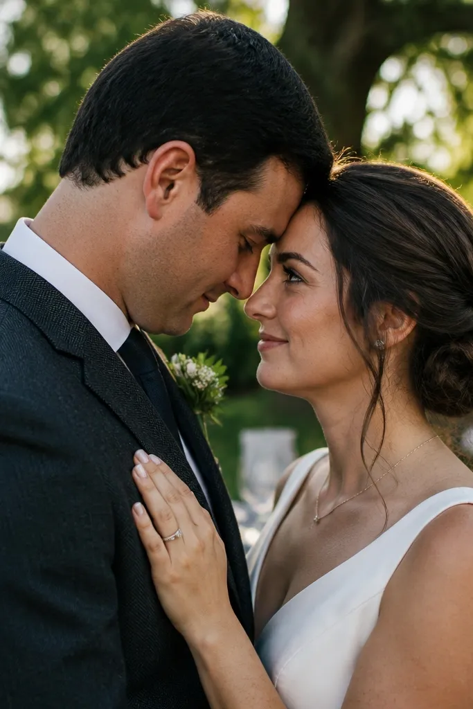 One partner touches the other's suit lapel while both angle foreheads together