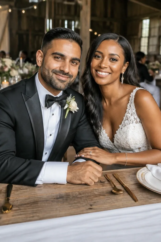 Couple leans on a reception table edge with elbows tucked and relaxed faces