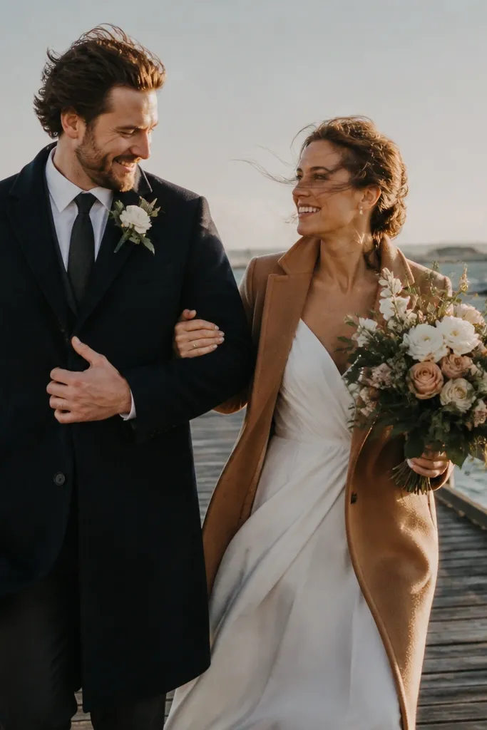 Couple walks on a pier holding sleeves with wind moving coats