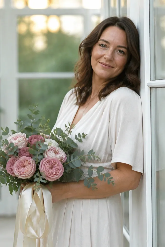 Couple leans by a sunlit window with a ribbon-wrapped bouquet