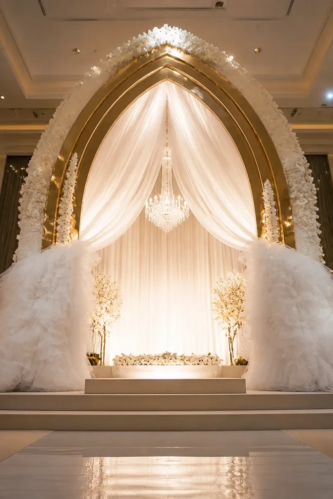 Tall white arch with gold accents and layered white tulle drape behind a stage