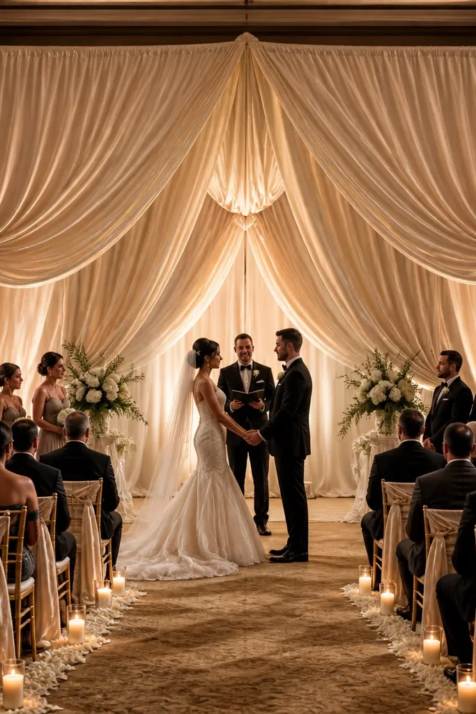 Ivory satin drapes with a center knot and sheer panels hanging on both sides