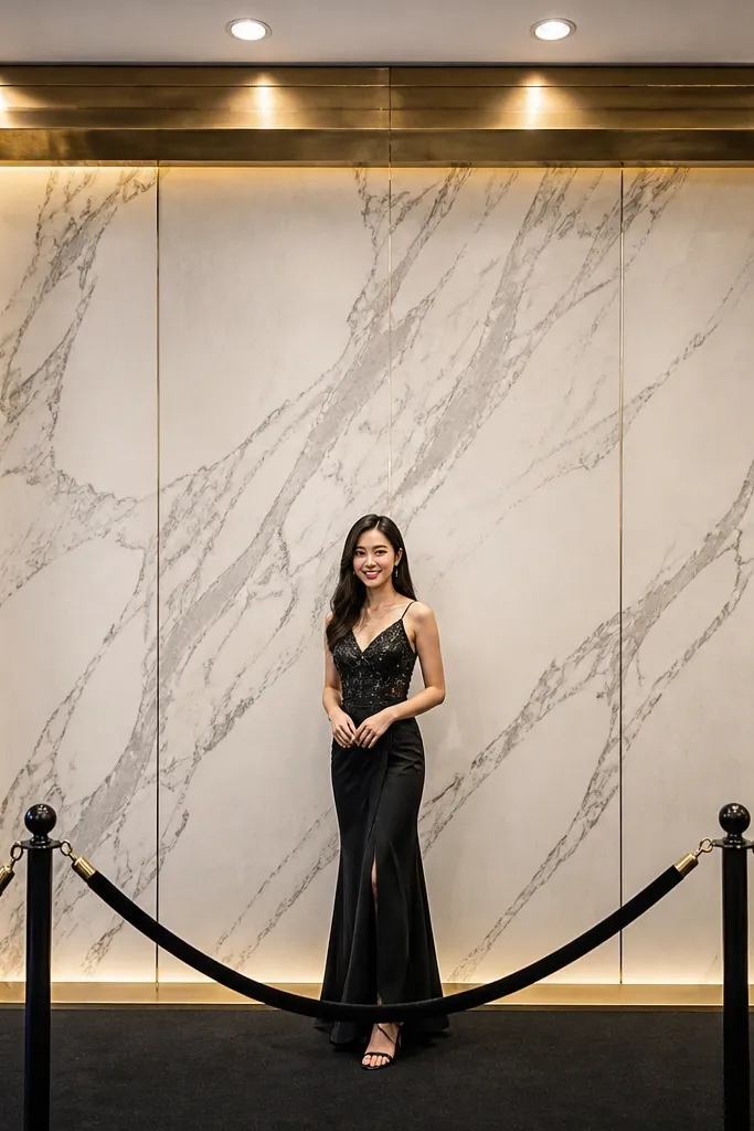 White marble-look panels with a gold framed plate centered behind a stage