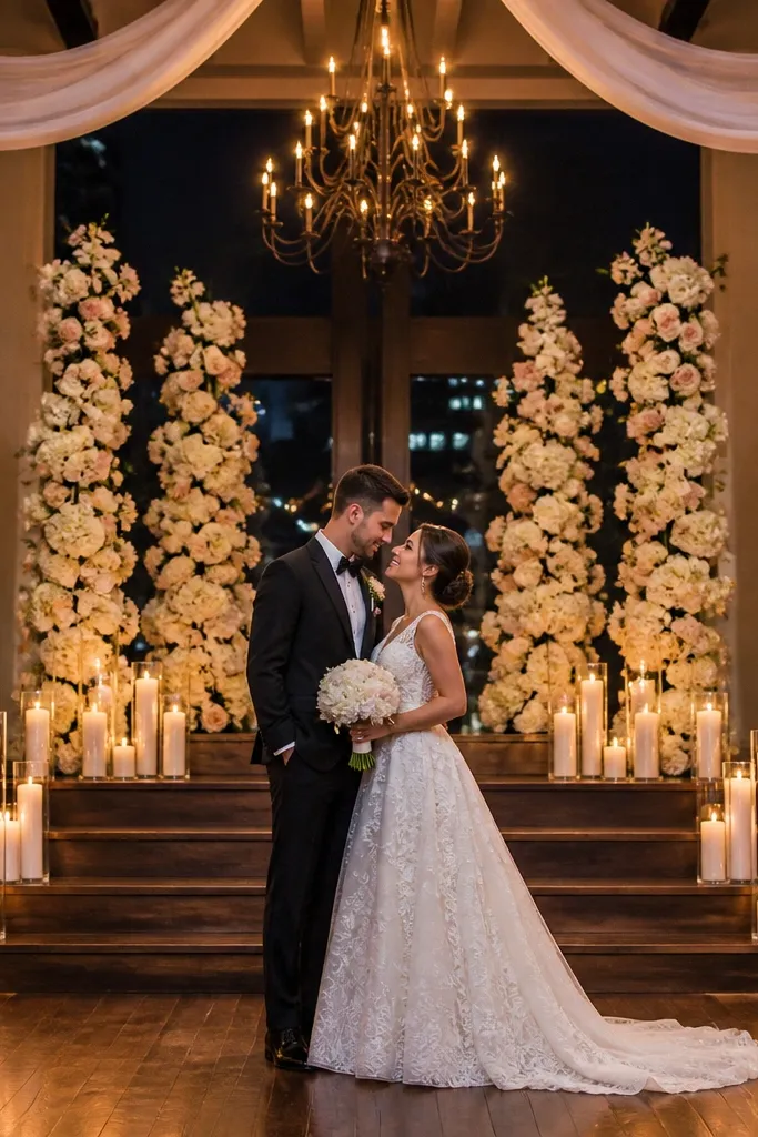 Two tall candle columns with vertical floral strips behind a wedding stage