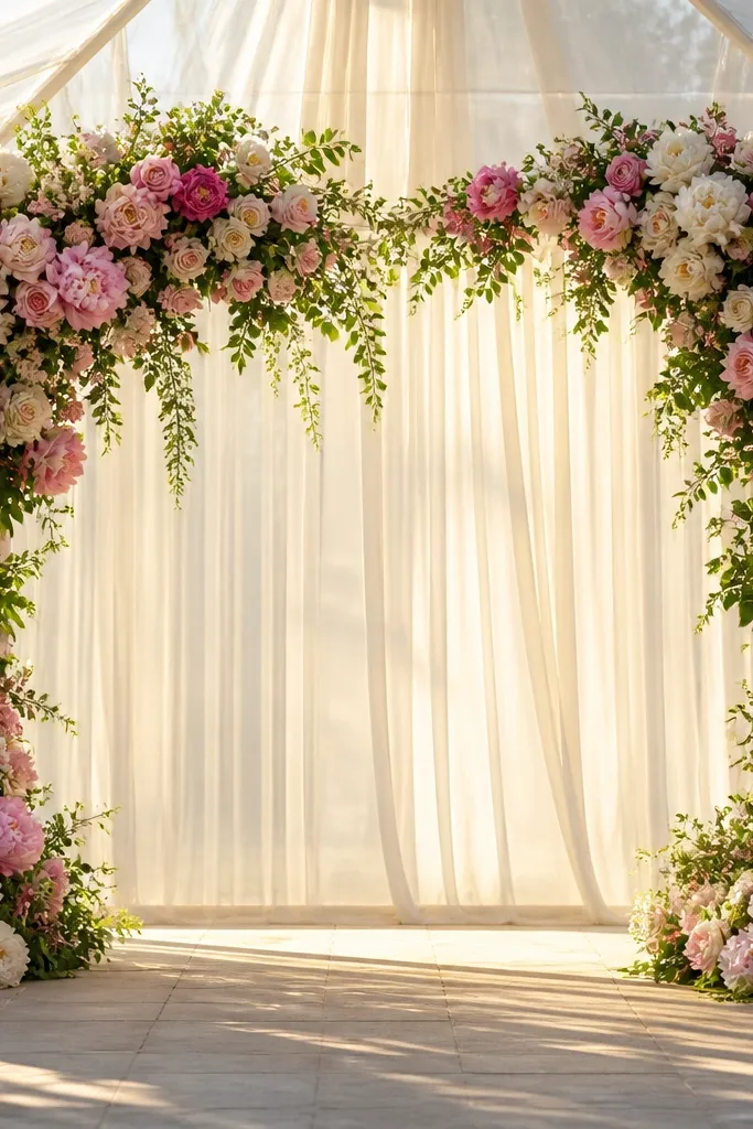 Dense peony and rose wall with clear empty space in the center behind a stage
