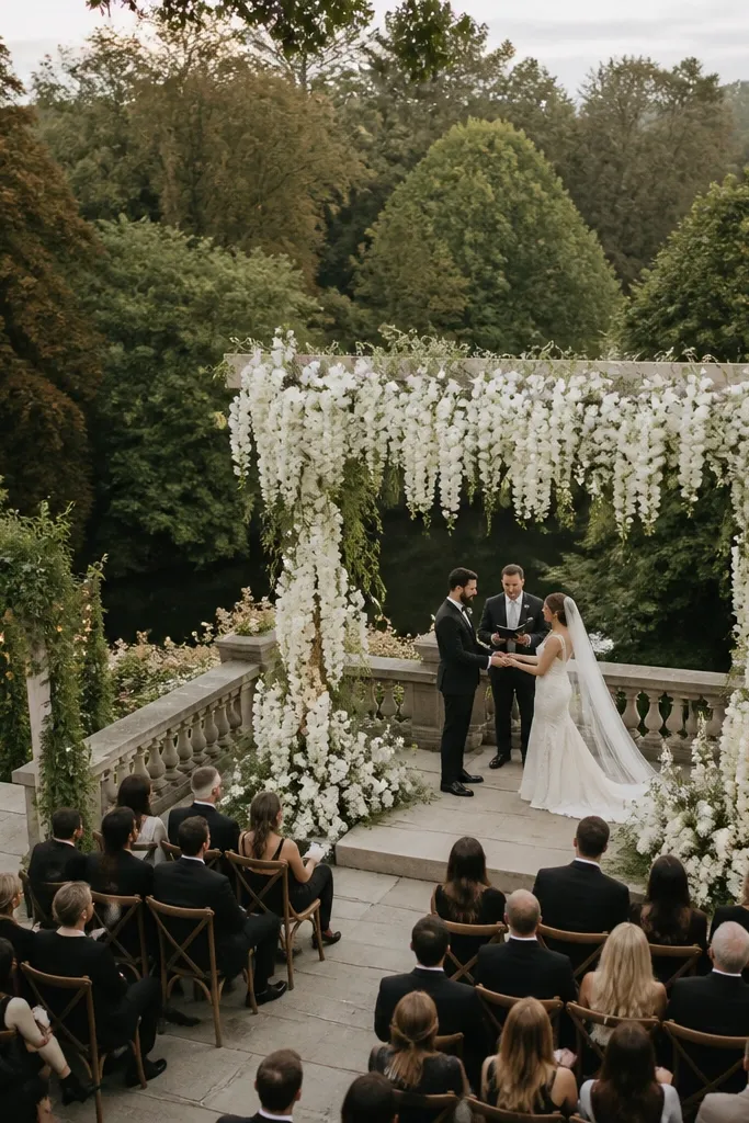 White blossom cascade hanging from a top beam behind a wedding stage