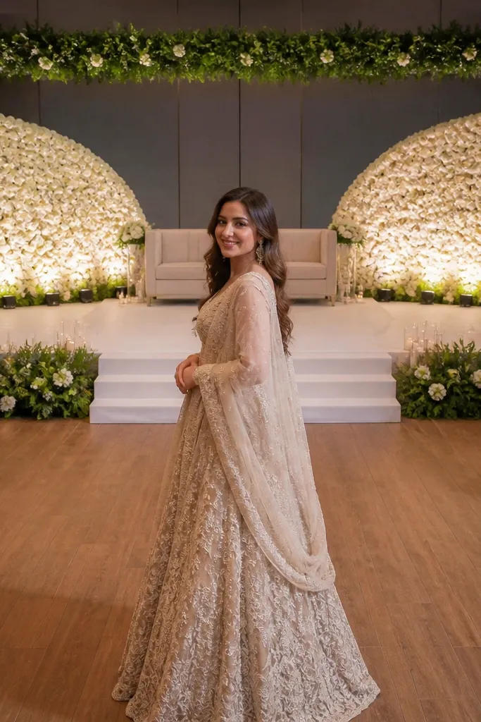 Greenery frame with balloon-like white rose panels behind a wedding stage