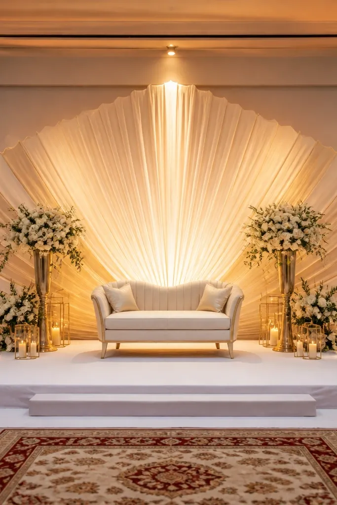 Layered satin fan backdrop with a bright spotlight centered behind a wedding stage