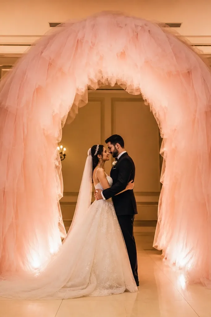 Blush tulle cathedral arch with warm uplights behind a wedding stage