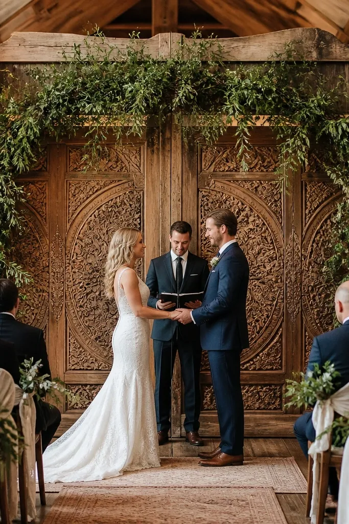 Carved wood panels with fresh greenery swags hanging across a wedding stage