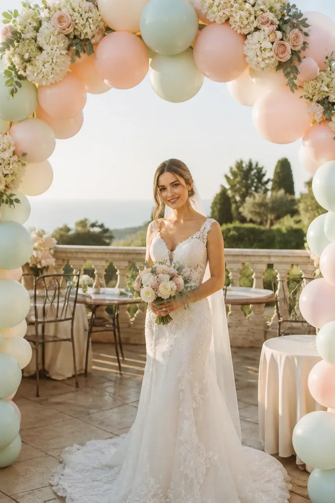 Pastel balloon arch backdrop with small floral clusters at the top