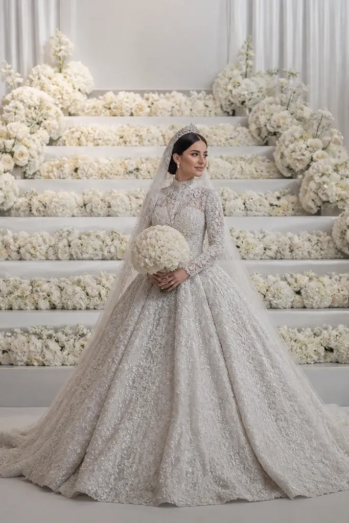 Monochrome floral backdrop with stair-step layers behind a wedding stage